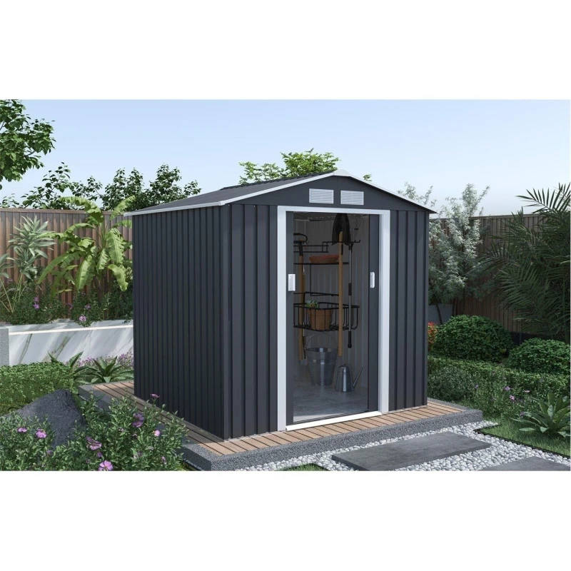Image of Store More Lotus Hera Apex Metal Shed Including Foundation Ki Grey unisex 9x6ft