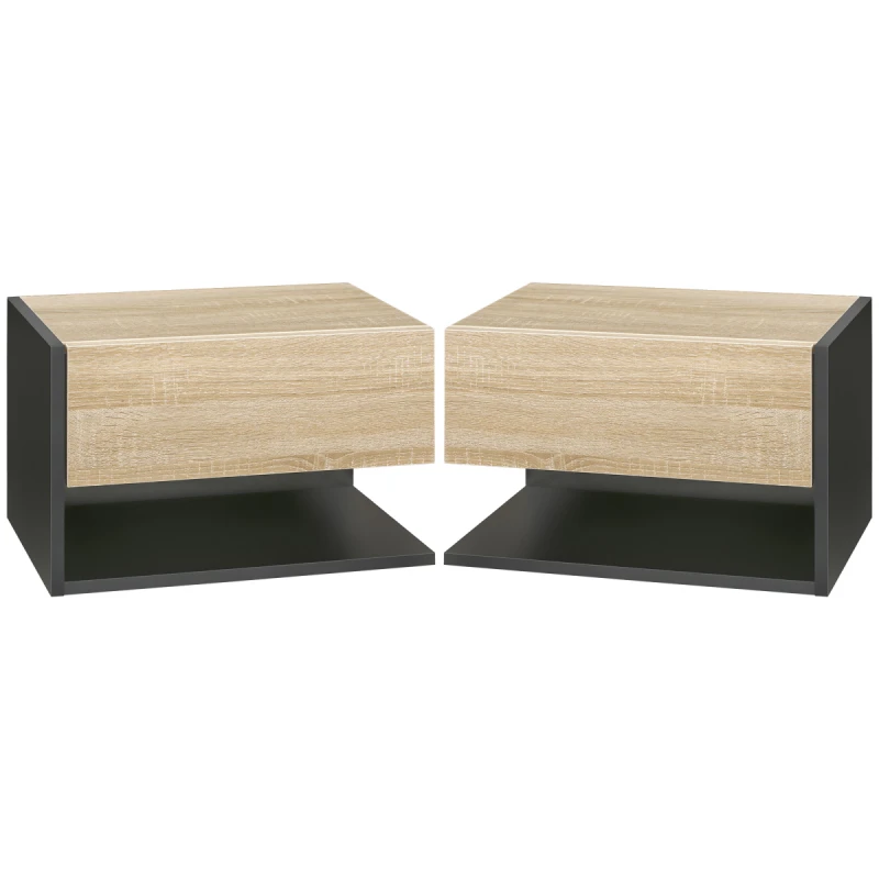 Image of HOMCOM HOMCOM Small Bedside Table Set of 2 with Drawer and Shelf in Light Oak Light Oak One Size Unisex 5063603043718