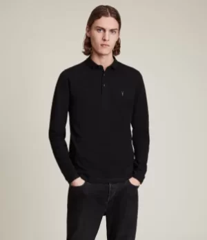 Image of AllSaints Mens Reform Long Sleeve Polo Shirt, Black, Size: L
