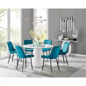 Image of Furniture Box Palma White High Gloss Round Dining Table and 6 Blue Pesaro Black Leg Chairs