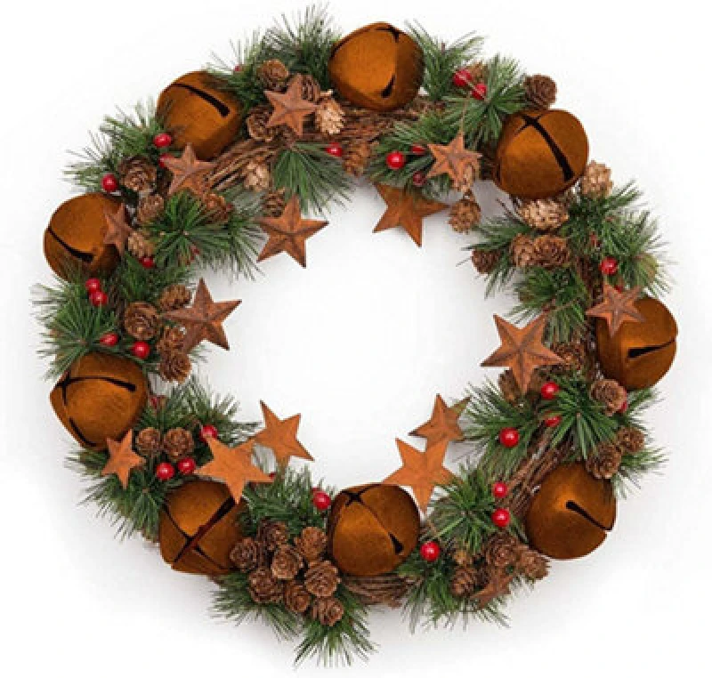 Image of Shatchi 40cm Christmas Wreath with Jingle Bells Stars Pine Cones Berries Leaves for Outdoor Brown