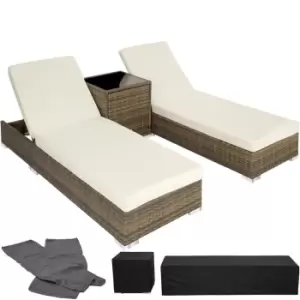 Image of Tectake 2 Rattan Sunloungers And Table With Protective Cover - Cream