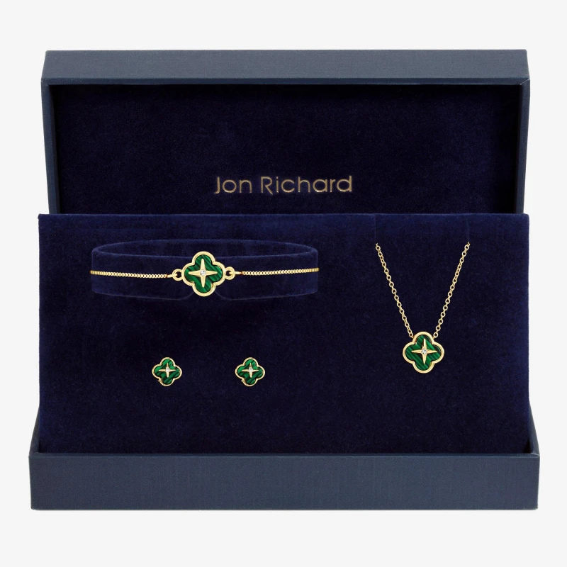 Image of Jon Richard Gold Plated Malachite Clover Trio Set - Gift Box Jewellery Sets One Size Gold 40052110000