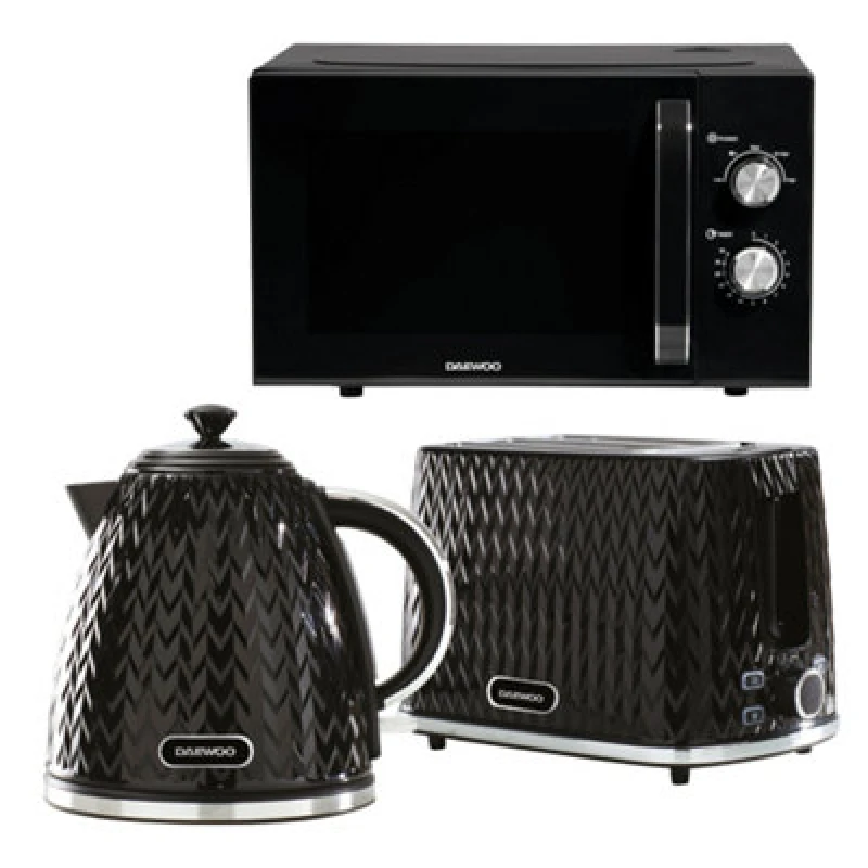Image of Daewoo Daewoo Argyle 1.7L Cordless Kettle 2 Slice Toaster and 800W Microwave Set Black One Size Unisex 5024996956115