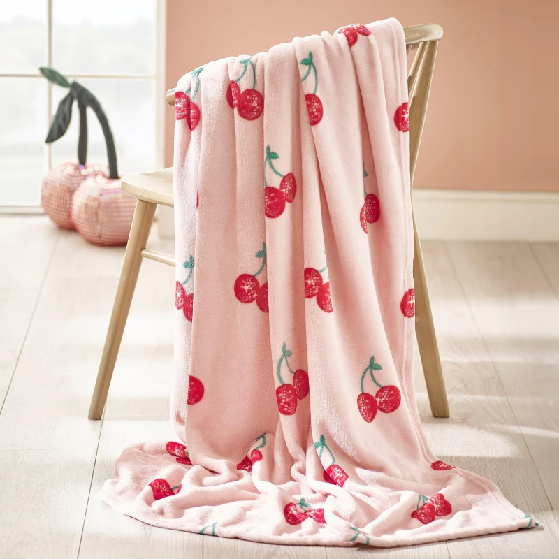Image of Catherine Lansfield Catherine Lansfield 'Disco Cherries' Cosy Fleece Oversized Blanket Throw in Pink Size: 200cm x 240cm Pink 200cm x 240cm Unisex 5