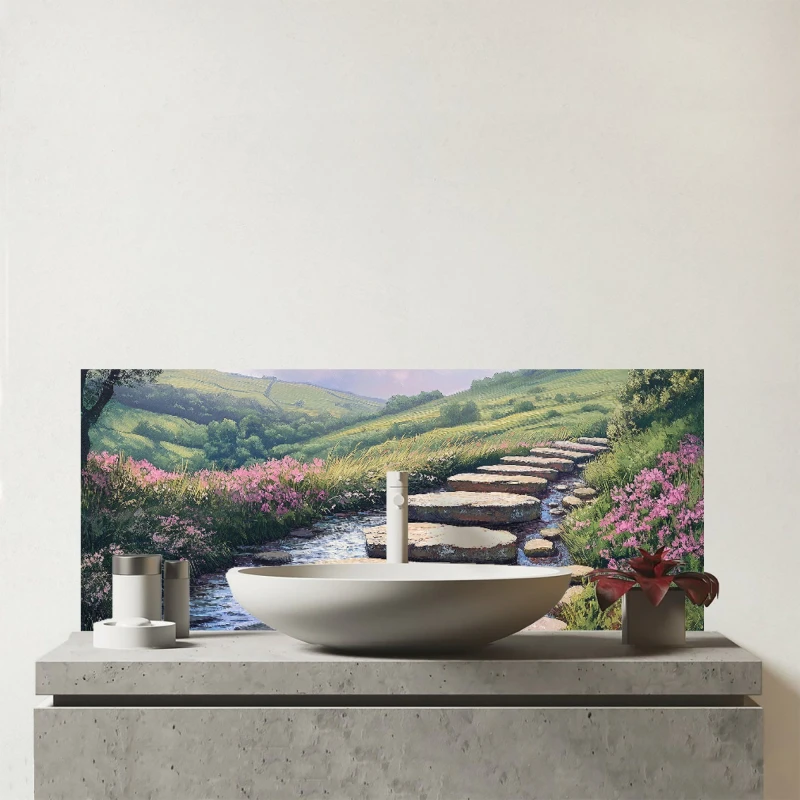 Image of Warren Reed - Designer Stepping Stones Glass Bathroom Splashback Multicolor Unisex
