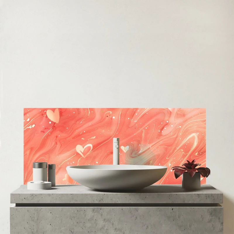 Image of Warren Reed - Designer Salmon Pink With Hearts Marble Effect Glass Bathroom Splashback Pink Unisex