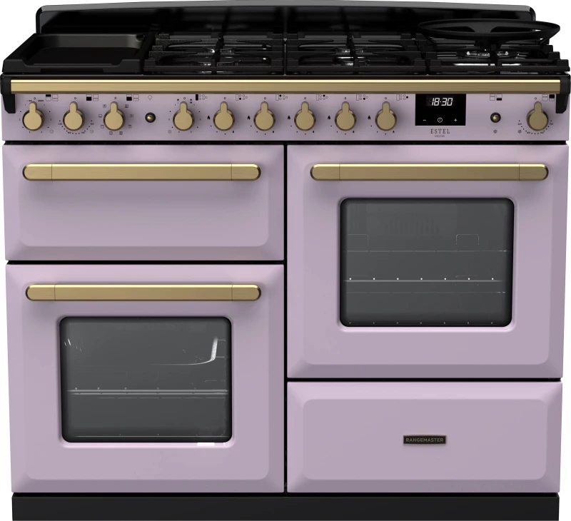 Image of Rangemaster Estel Deluxe ESDLO110DFPHTH/AB1 110cm wide Dual Fuel Range Cooker with Gas Hob - Heather / Antique Brass - A/A Rated