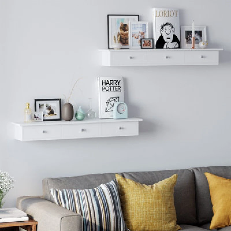 Image of Songmics Floating Wall Shelf With 3 Drawers, Hallway Storage Shelf, 80 X 15 X 10 Cm, Living Room, Bedroom, High Gloss Paint, White