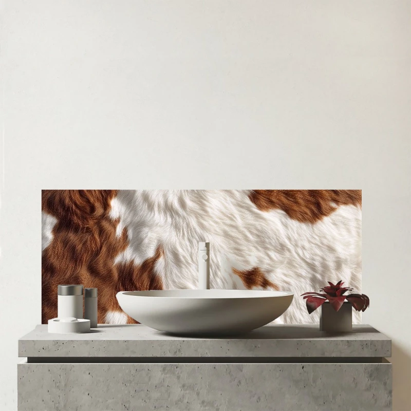 Image of Warren Reed - Designer Brown White Cow Hide Print Glass Bathroom Splashback Brown Unisex