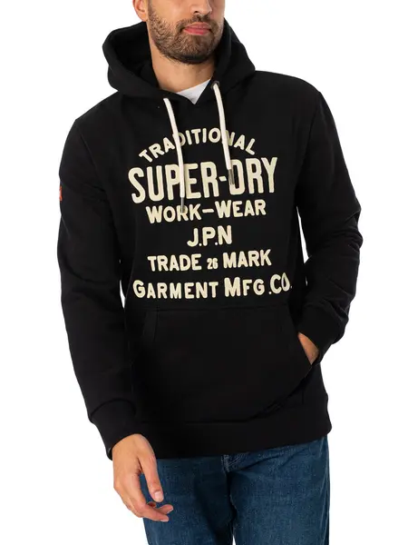 Image of Superdry Workwear Flock Graphic Pullover Hoodie Nero Black Marl XL
