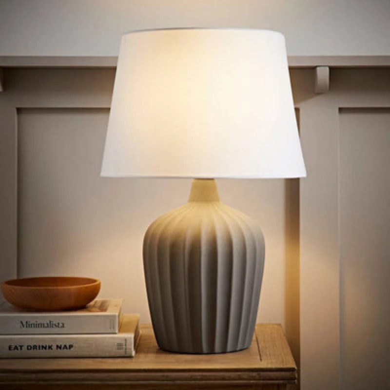 Image of ValueLights ValueLights Serena Natural Tapered Linen Lamp Shade Ribbed Ceramic Stonewear Table Lamp in Grey Grey One Size Unisex 5016529271529