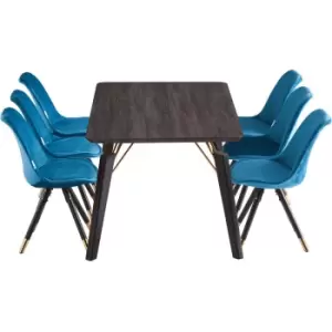 Image of 7 Pieces Life Interiors Sofia Cosmo Dining Set - a Black Rectangular Dining Table and Set of 6 Blue Dining Chairs - Blue
