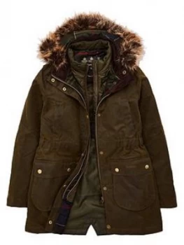 Image of Barbour Girls Thrunton Waxed Faux Fur Hooded Coat - Olive Size 6-7 Years, Women