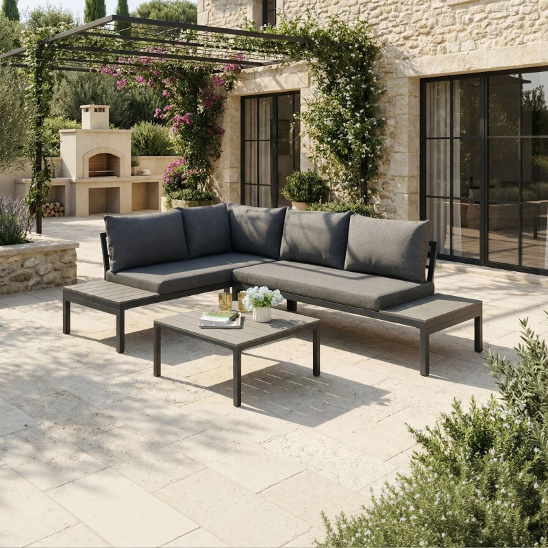 Image of Home Garden Direct Rhea Platform Corner Sofa - 4-Seater Garden Lounge Set with Table in Grey Grey Unisex