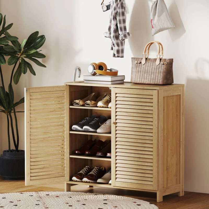 Image of HOMCOM Bamboo Shoe Cabinet with Louvered Doors 14 Pairs Shoe Storage Cabinet in Natural Size: Small Natural Unisex Small