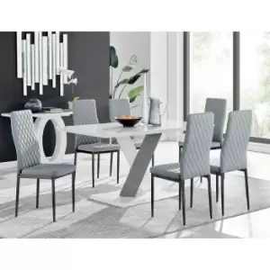 Image of Furniture Box Monza 6 White/Grey Dining Table and 6 Grey Milan Black Leg Chairs