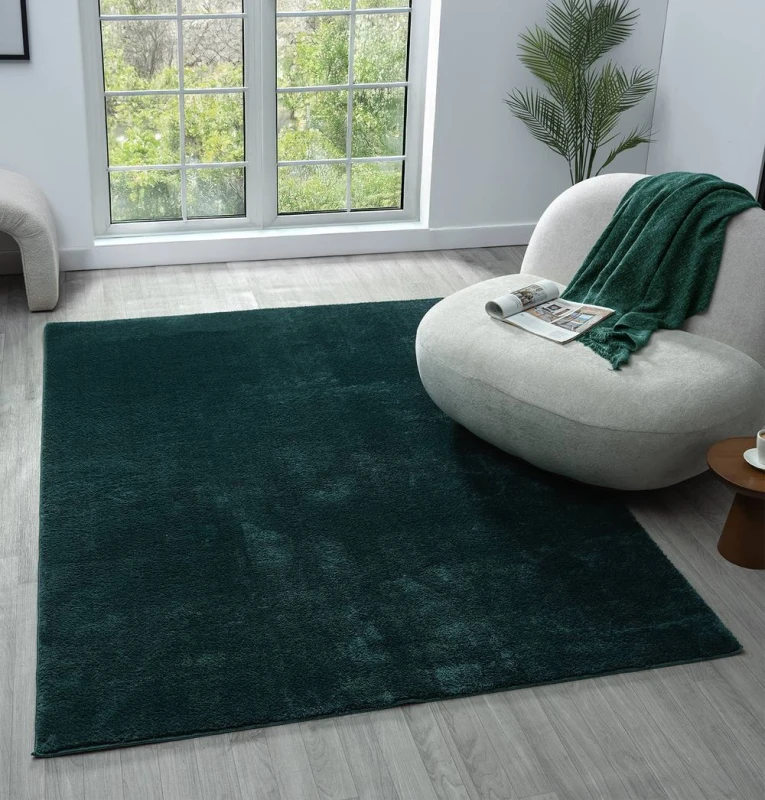Image of Comfy Washable Low Pile Living Room Area Rug - Anti Slip Felt Backing Emerald 200Cm X 280Cm