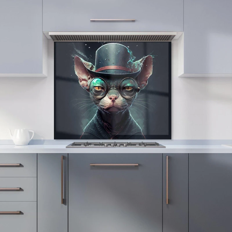Image of Warren Reed - Designer Sphynx Cat With Glases Splashart Kitchen Splashback Size: 600mm x 750mm Multicolor Unisex 600mm x 750mm