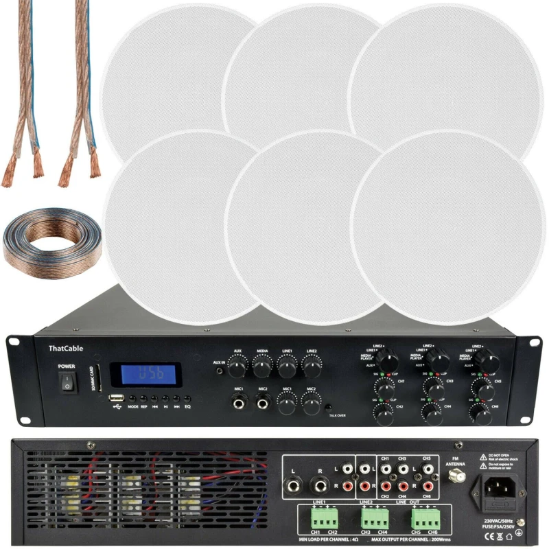 Image of Loops 1200W Bluetooth Sound System 6x 100W Slim Ceiling Speaker 6 Zone Mixer Amplifier Multi unisex