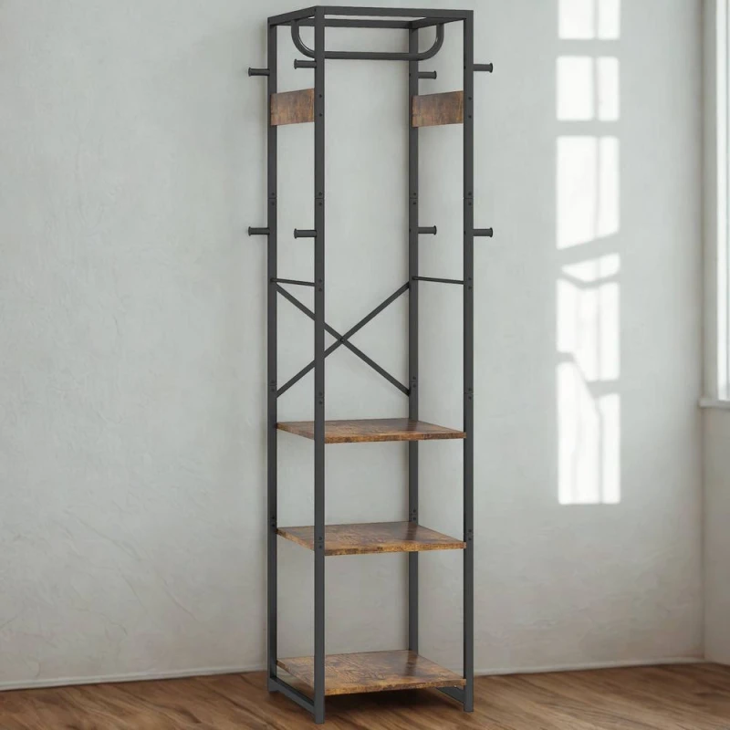 Image of FURNOS Industrial Entryway Hall Tree Coat Rack Stand in Brown Brown Unisex