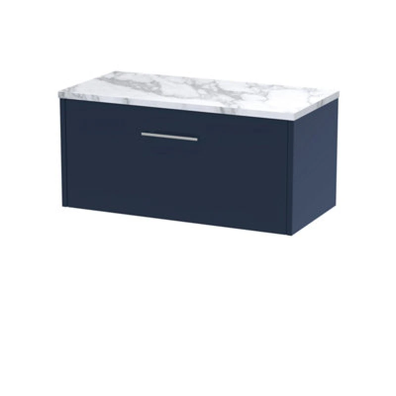 Image of HUDSON REED Hudson Reed - Juno Wall Hung 1-Drawer Vanity with Carrera Marble Worktop 800mm Wide - Midnight Blue JNU2925LCM