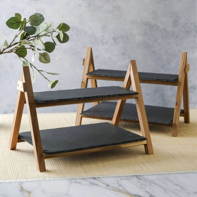 Image of Artesa Set of 2 2-Tier Slate & Wood Serving Stands in Charcoal Charcoal Unisex