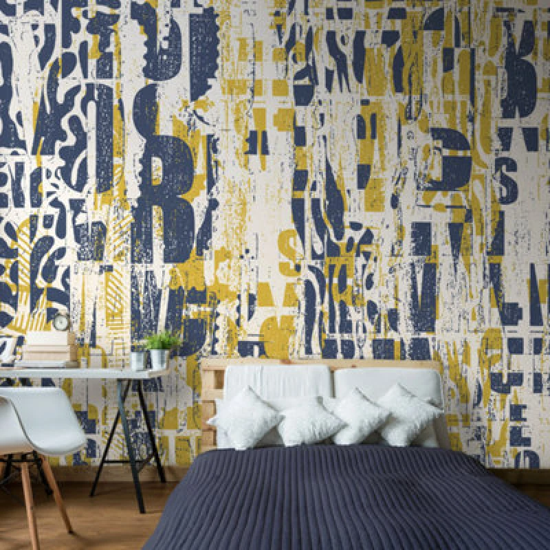 Image of Origin Murals Letterpress Graffiti - Navy And Yellow Matt Smooth Paste The Wall Mural 350Cm Wide X 280Cm High