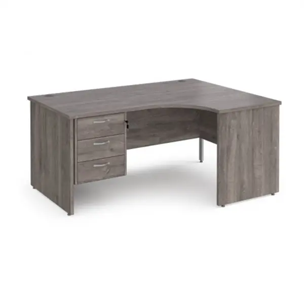 Image of Maestro 25 Maestro 25 right hand ergonomic desk 1600mm wide with 3 drawer pedestal - grey oak top with panel end leg MP16ERP3GO
