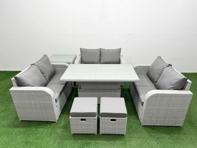 Image of Fimous 8 Seater PE Wicker Rattan Furniture Sofa Sets with Adjustable Lifting Dining or Coffee Table 2 Seater Love Sofa 2 Stool Side Table Light Grey L