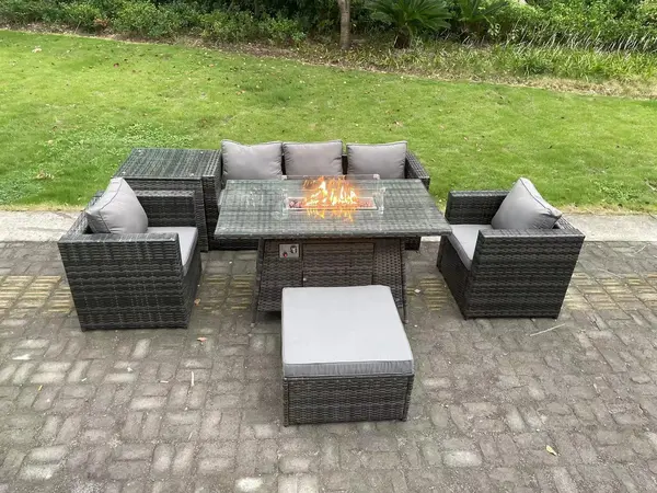 Image of Fimous 5 Seater Outdoor Dark Grey PE Rattan Lounge Sofa Complete Set with Gas Fire Pit Table and Big Footstoo;
