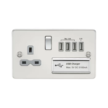 Image of Flat plate 13A switched socket with quad USB charger - polished chrome with grey insert - Knightsbridge