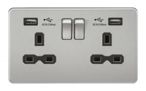 Image of KnightsBridge 2G 13A Screwless Brushed Chrome 2G Switched Socket with Dual 5V USB Charger Ports - White Insert