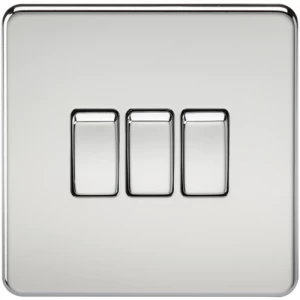 Image of KnightsBridge 10A 3G 2 Way 230V Screwless Polished Chrome Electric Wall Plate Switch
