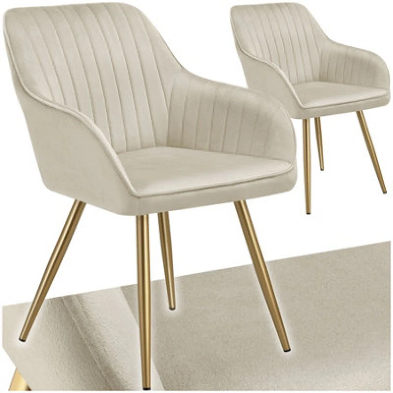 Image of Tectake Set Of 2 Dining Chair Marilyn - Quilted Velvet, Continuous Backrest, Gold Steel Legs - Cream/gold