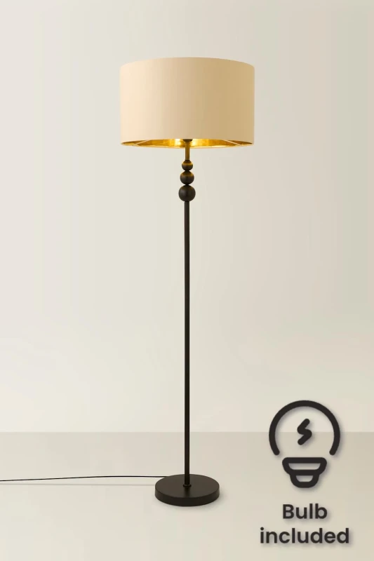 Image of ValueLights Marissa Beige and Gold Shade with Black Stacked Ball Floor Lamp with LED Bulb Beige