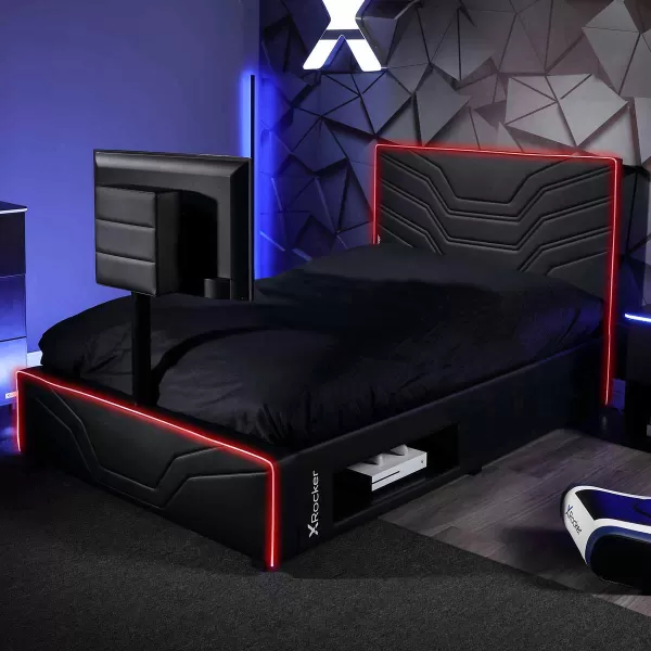 Image of X Rocker Oracle RGB Faux Leather Gaming TV Bed - Double 4ft6 - Black