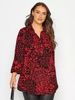Image of Yours Half Placket Blouse Animal, Red, Size 20, Women