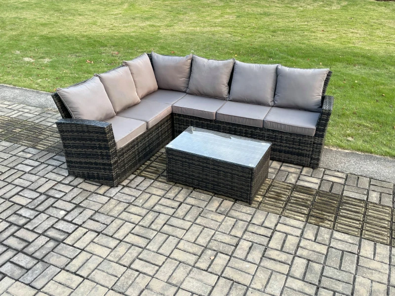 Image of Fimous 6 Seater High Back Rattan Garden Furniture Set Corner Sofa With Rectangular Coffee Table Dark Grey