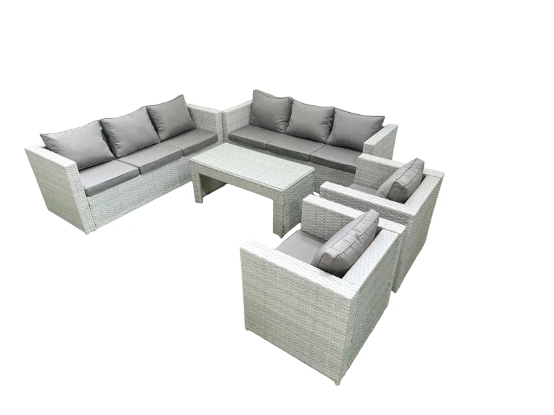 Image of Fimous Outdoor Garden Furniture Rattan Sofa Set with 2 Armchairs Oblong Coffee Table Light Grey Mixed Light Grey
