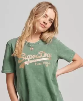 Image of Superdry Womens Embellished Graphic Logo T-Shirt Green / Dark Grey Green - Size: 14