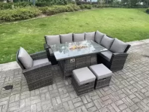 Image of Fimous 7 Seater Dark Grey Rattan Garden Furniture Corner Sofa Set with Gas Fire Pit Dining Table and 2 Stools