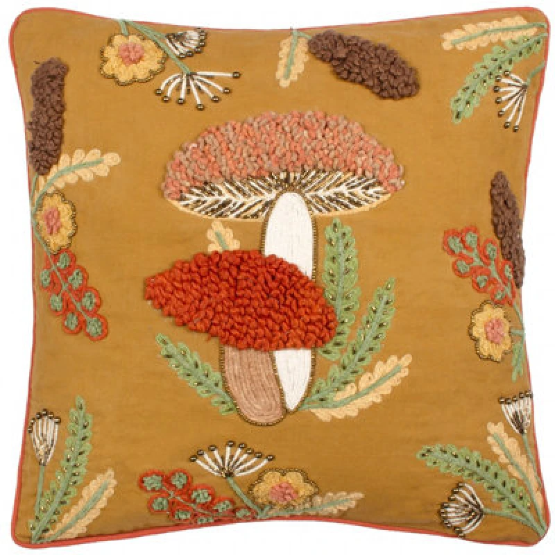 Image of Mushroom Dell Embroidered Cotton Cushion Autumn Gold, Autumn Gold / 45 x 45cm / Polyester Filled