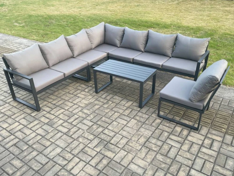 Image of Fimous Aluminium 8 Seater Patio Outdoor Garden Furniture Lounge Corner Sofa Set with Oblong Coffee Table Dark Grey Dark Grey Unisex