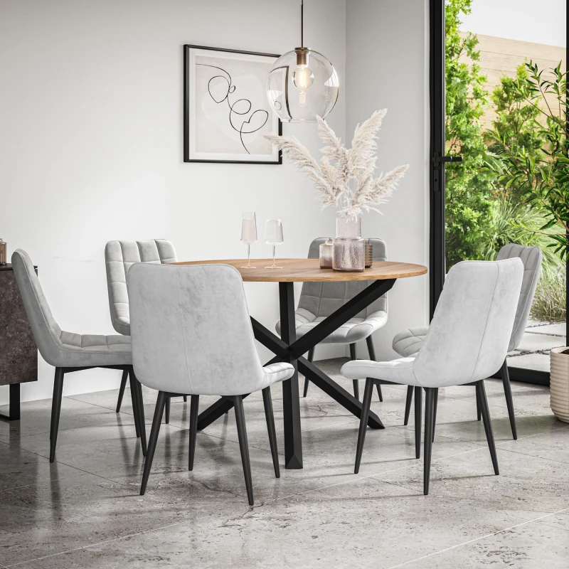 Image of More4Homes Malvern Round Dining Table And Chairs - Oak Table Top W Solid Black Oak Legs + Nova Velvet Dining Chair Set Of 6 (Grey)