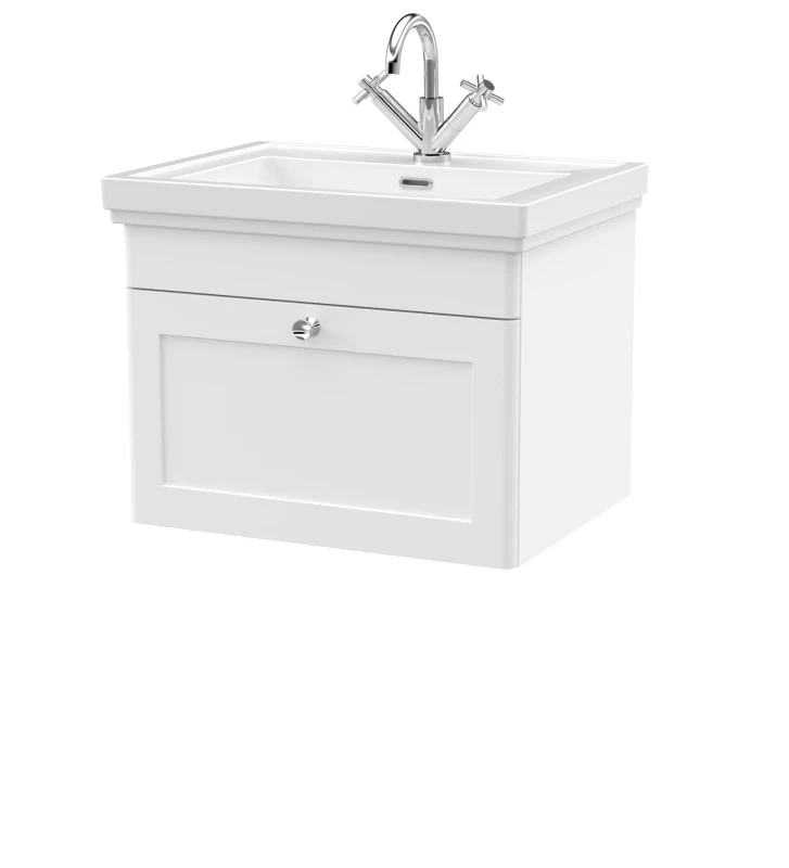 Image of Balterley Bathroom Wall Hung 1-Drawer Vanity Unit & Fireclay Basin, White, 600mm in White White Unisex