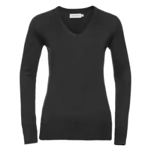Image of Russell Collection Ladies/Womens V-Neck Knitted Pullover Sweatshirt (L) (Black)