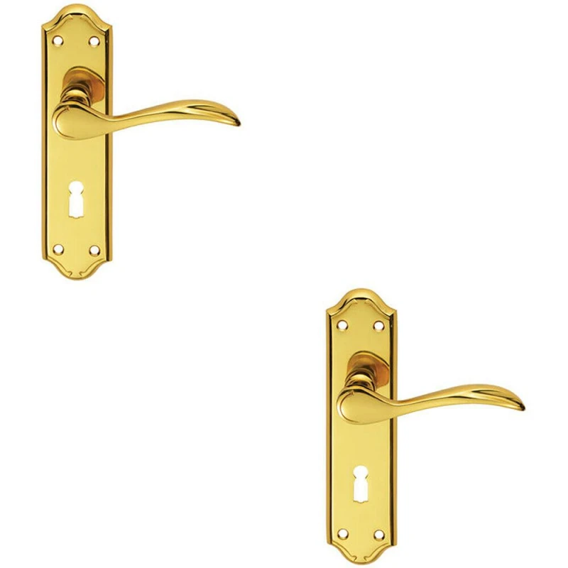 Image of Loops 2x PAIR Curved Door Handle Lever on Lock Backplate 180 x 45mm Polished Brass Metallics