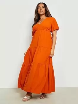 Image of Boohoo Curve Tie Detail Tiered Maxi Dress - Rust, Brown, Size 18, Women