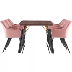 Image of 7 Pieces Life Interiors Camden Cosmo Dining Set - a Rectangular Walnut Dining Table and Set of 6 Pink Dining Chairs - Pink